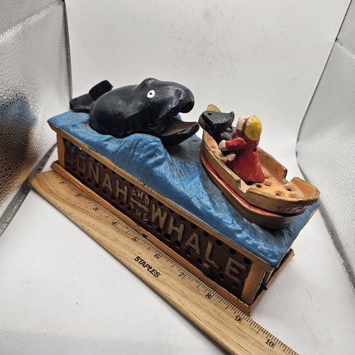 Vintage Multicolor Cast Iron Jonah And The Whale Mechanical Bank - Picture 7 of 9