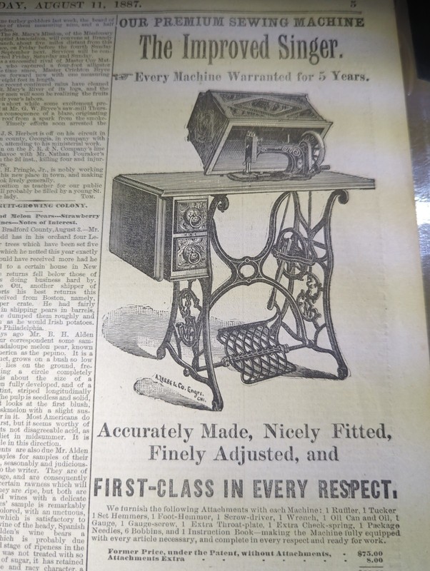 AUG 11, 1887 NEWSPAPER PAGE #2628- THE IMPROVED SINGER SEWING MACHINE 