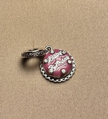 PANDORA 925 Sterling Silver Happy Birthday Pink Enamel Dangle CZ Charm