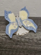 German Vintage Dresden Porcelain Butterfly Signed BLUE AND YELLOW RARE OFF