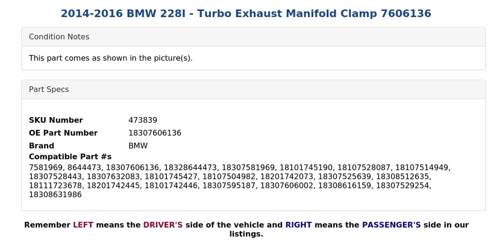 2014-2016 宝马 228I - 涡轮排气歧管夹 7606136 — 第 4/4 张图片