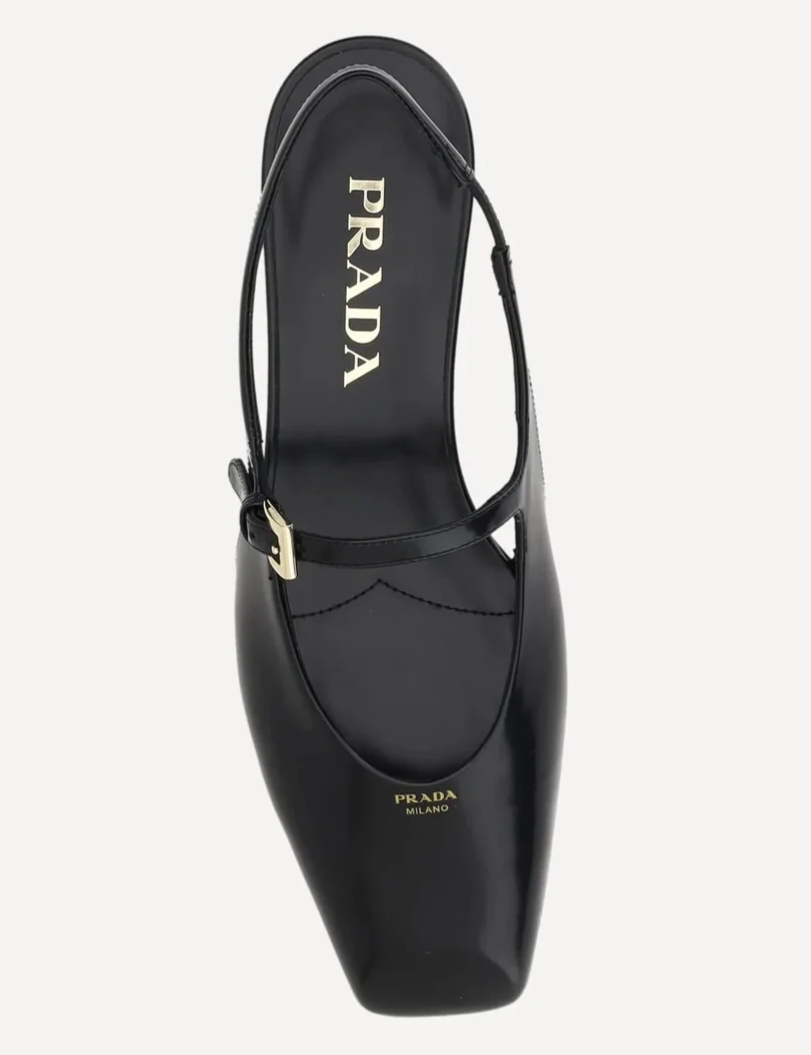 Prada Black Leather Square Toe Mary Jane Slingback Ballerina