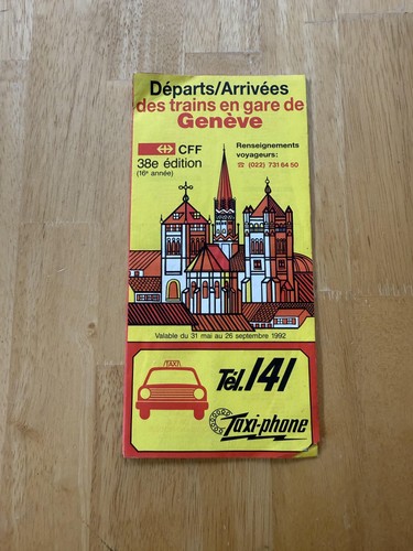 Vintage 1992 Geneva Switzerland CFF Train Timetable City Map Brochure Guide