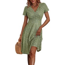 Womens SummerWrap V Neck Casual Dresses Floral Short Sleeve A-Line Midi Sundress