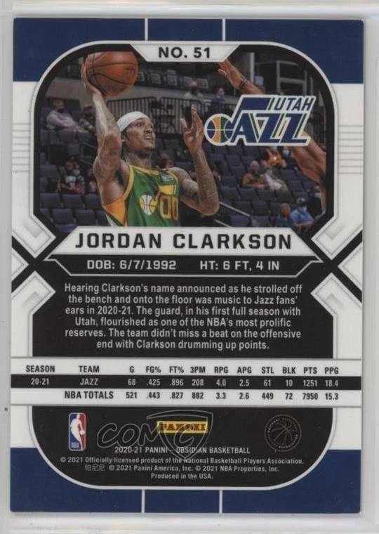 2020-21 Panini Obsidian Electric Etch Red Flood Jordan Clarkson #51 - Image 2 of 2