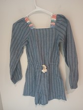 Art Class Girls Medium 7/8 Romper Blue Long Sleeve Embroidered Shoulder Tassel