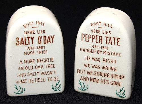VINTAGE PR Boot Hill Tombstone Ceramic Salt & Pepper Shakers, 3.25" Tall EPOC