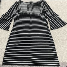 Ann Taylor Bell Sleeve Striped Sheath Dress Women's Size 4P Career Knit Black