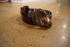 VINTAGE Rare Brown Leather Belt with Oyster Shell Buckle Size 34