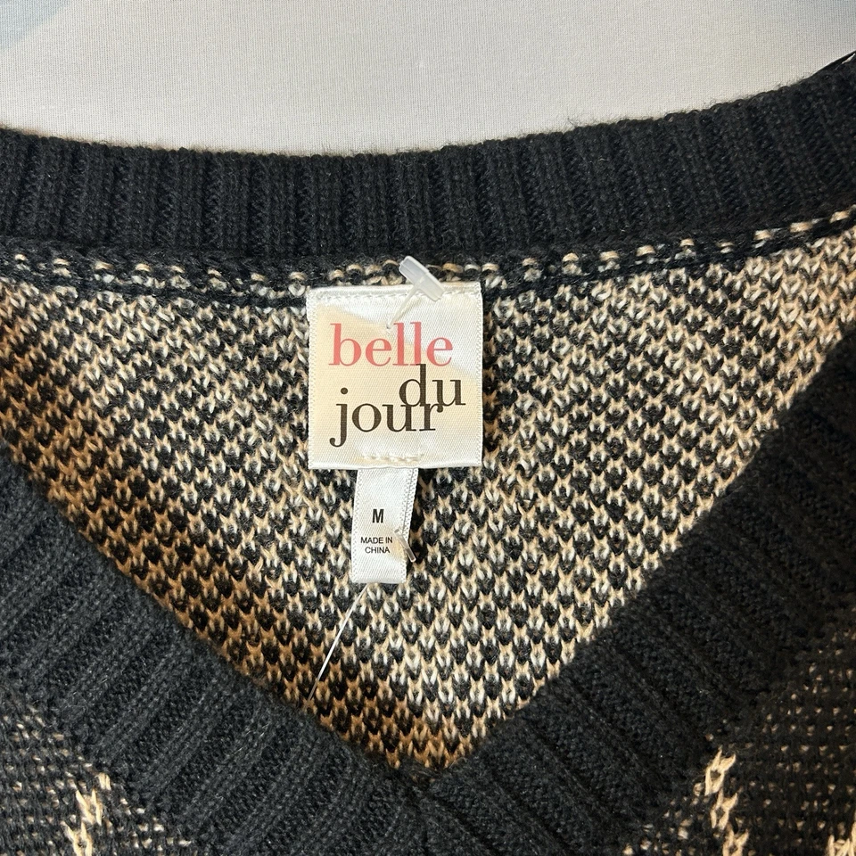 Suéter Belle De Jour Top Mujer Mediano Negro Beige Pullover Cuello en V Suelto Tejido Foto 3 de 4