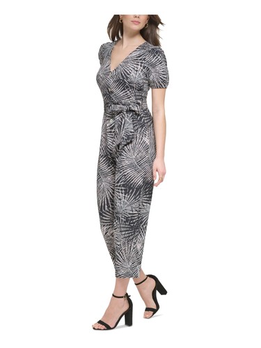 KENSIE DRESSES Womens Black Tie Short Sleeve Button Up Cropped Jumpsuit 10 - Picture 3 of 11