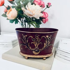 Vtg Chinoiserie Tole Hand Painted Metal Jardiniere Cachepot Planter Toleware Red