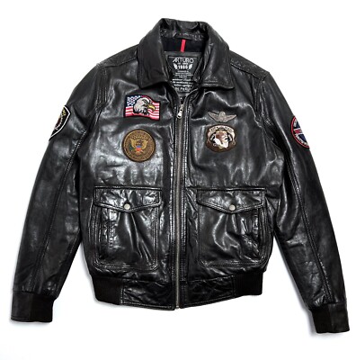 Men's ARTURO Brown Leather Aviator Avirex Bomber Jacket Coat - S