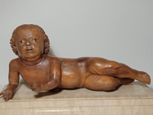Antica scultura in legno di putto su base di legno e marmo - Foto 6 di 17