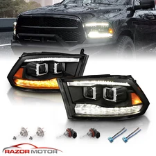 For 2009-2023 Dodge Ram 1500 2500 3500 Black LED Bar Dual Projector Headlights