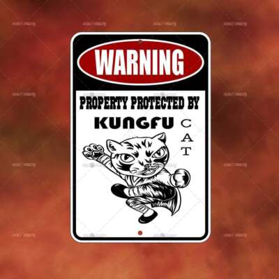 Protected By KungFu Cat Metal Sign home room wall art gift decor funny A905