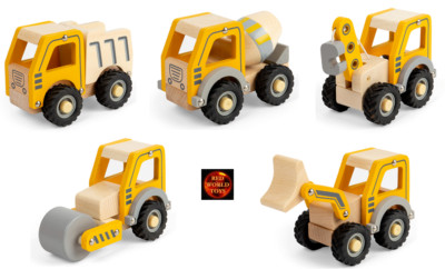Mini Holzspielzeug Baufahrzeuge Kipper Bagger Roller Mischer oder Kran NEU