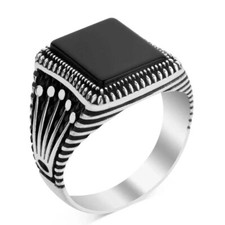 Solid 925 Sterling Silver Natural Black Onyx Men's Ring Gift For Him