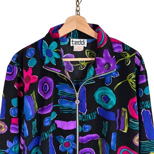 vintage y2k 90s fun floral print silky jacket M/L flower artsy quirky retro vtg - Picture 8 of 9