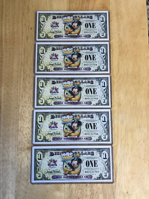 2009  5 Consecutive $1  Mickey & Pluto Disney bills-New-Uncirc-Mint Condition!