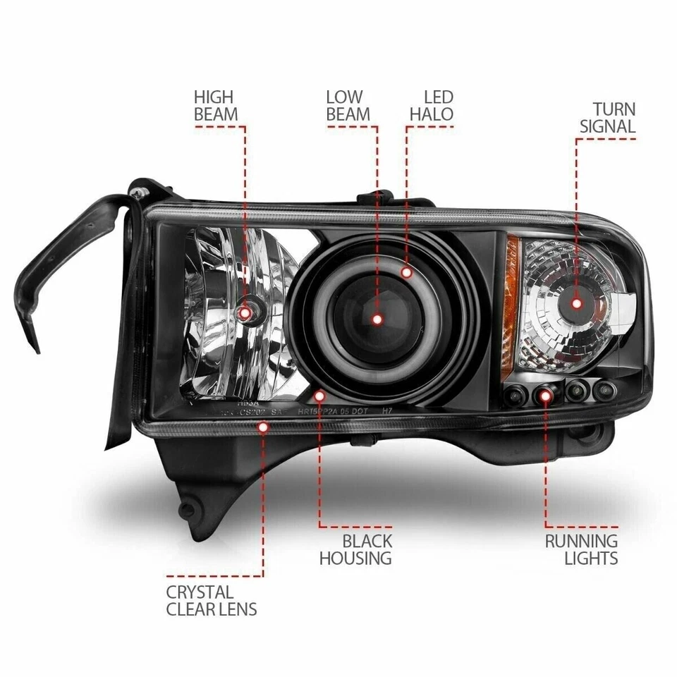 Faróis projetores pretos ANZO 111065 com halo para 1994–2001 Dodge Ram 1500 - Imagem 4 de 4