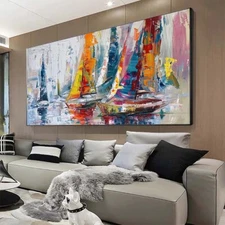 Purple  Canvas 100% Hand-painted oil painting Abstract Boats Living Room