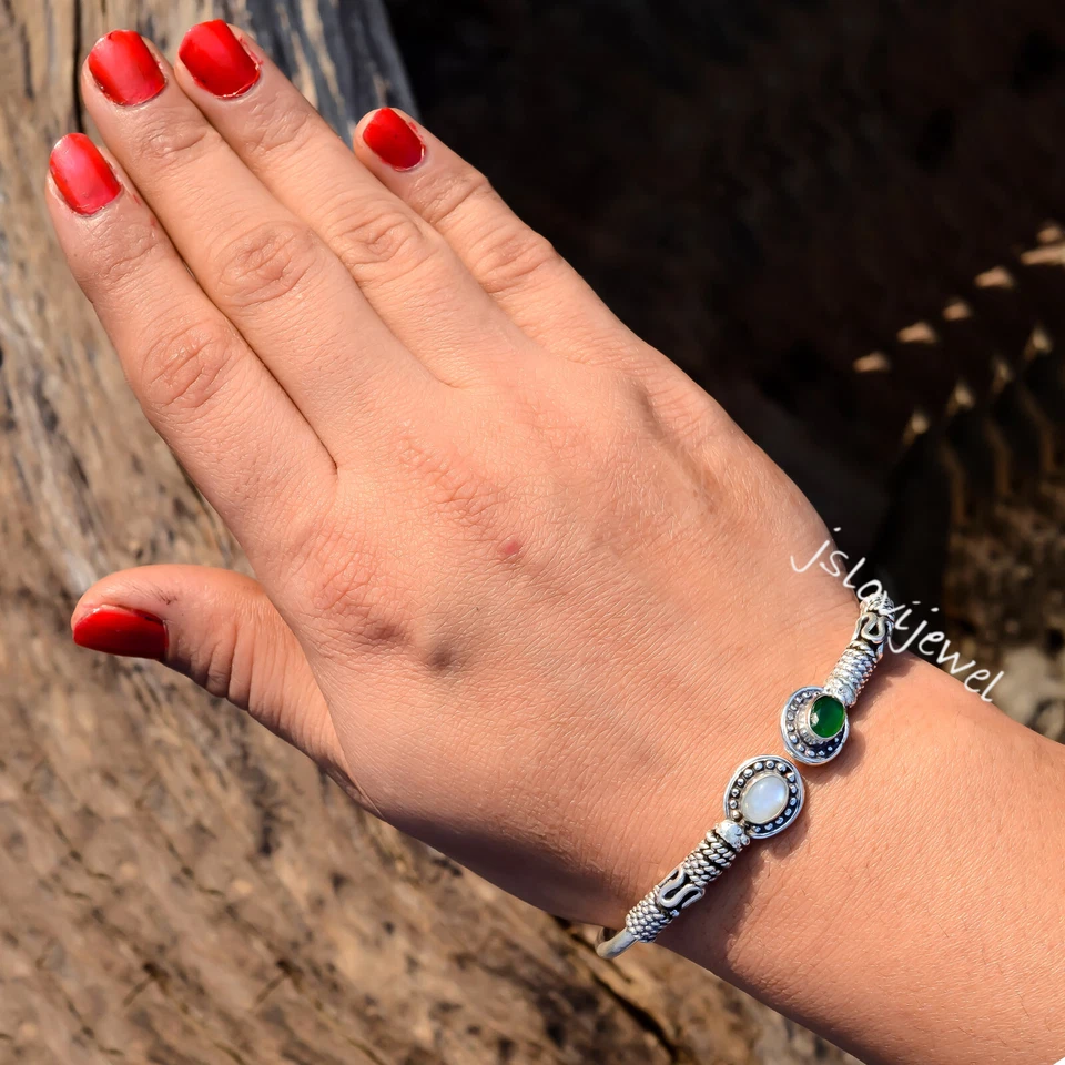 Brazalete de plata de ley 925 con piedras preciosas de luna de diopsido y arco iris/C-782 Foto 4 de 4