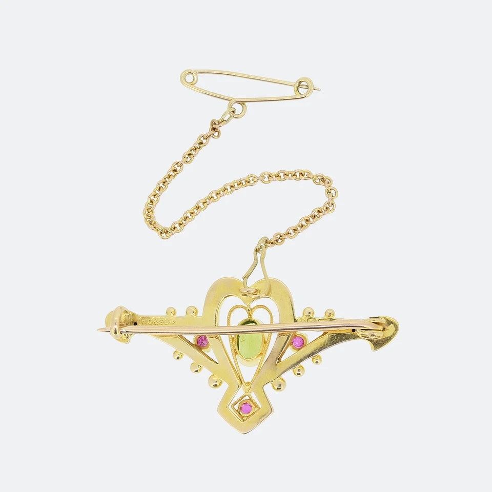 Gold Bar Brooch - Edwardian Peridot and Ruby Bar Brooch 15ct Yellow Gold - Image 2 of 3