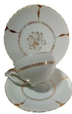 Victorian China Sunburst Tea Cup Saucer Dessert Plate Trio Japan