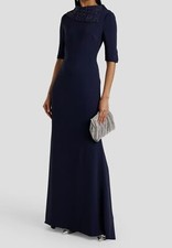  890 Badgley Mischka Women Blue Crystal Embellished Elbow Sleeve Gown Dress Sz 4