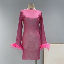 Ladies Shiny Rhinestone Dress Fur Feather Cuff Trim Sheer Sexy Night Club Bar