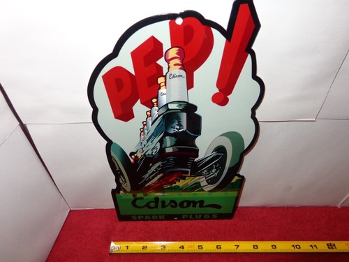 VINTAGE EDISON SPARK PLUGS +OLD PLUG CAR 12" METAL GASOLINE OIL ADVERTISING SIGN