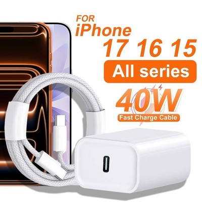 40W Fast Charger For iPhone 16 15 14 13 12 11 Pro Max USB-C Adapter PD Cable Lot