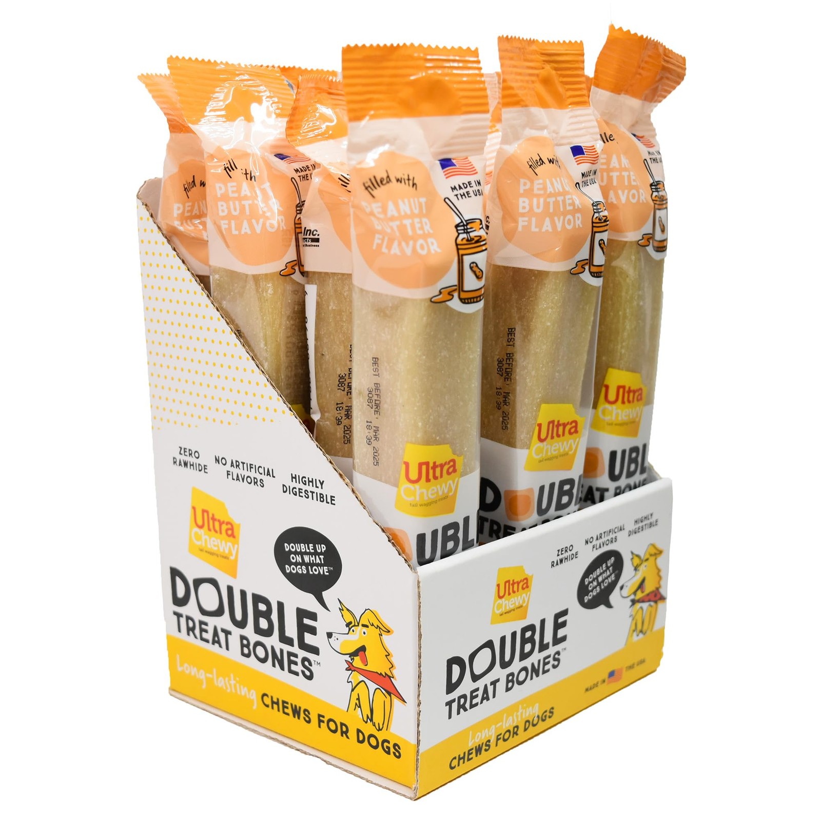 Peanut Butter Double Treat Bones: Long-Lasting Dog Treats Made in USA for Lar...