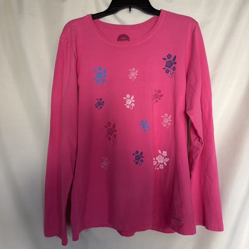 Life Is Good Womens Crusher Pink Floral Long Sleeve V-Neck T-Shirt Tee Sz L