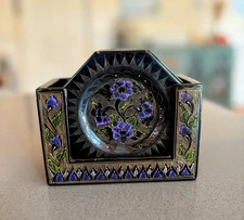 Vintage Lacquerware Coasters With Holder Black And Flowers Rare Set Of 6