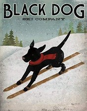 Black Dog Skiing Labrador Art Print Poster 12x12 Pets Animals Decor