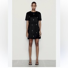 NWT Zara Size Large Women's  Black Mini Dress with Rhinestone Embellishments