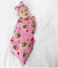 NIB Little Sleepies Pink Bee Mine Swaddle  Luxe Bow Headband Photo Prop Hearts