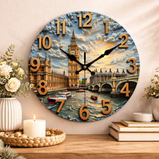 London Big Ben Round Wall Clock 25cm Silent Quartz AA Battery Wooden Decor
