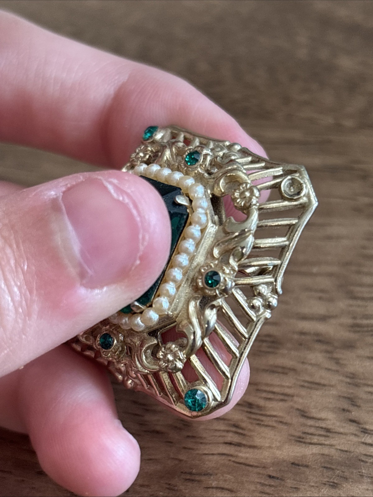 Vintage Signed Coro Rectangular & Round Green Rhi… - image 4