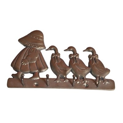 Upper Deck Girl Three Geese Wall Hook Rack 1988 Gold Brass 4 Hooks 6 inch