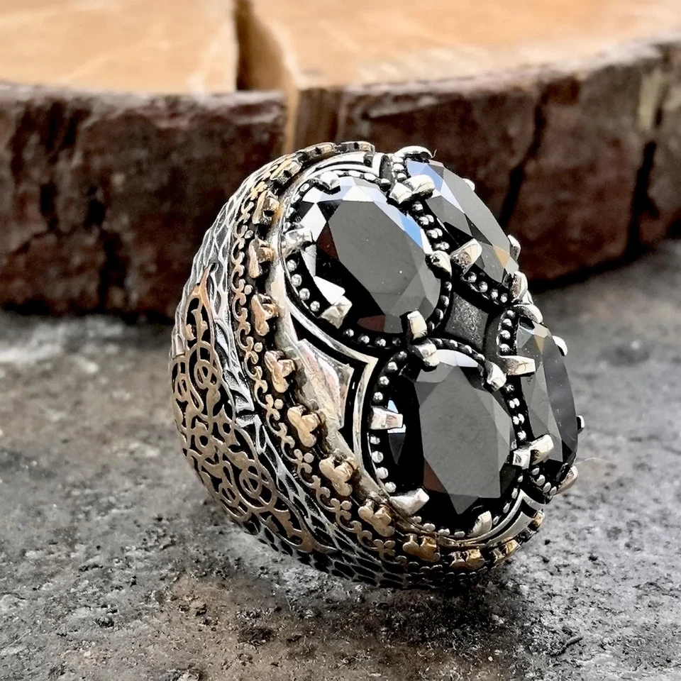 Anillo grande de ónix negro para hombre de plata de ley 925, anillo grande de plata estilo otomano, Foto 4 de 4