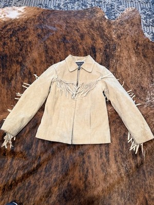 Vintage Cooper Key Suede Tan Fringe Jacket Western Cowboy Fringe Kids M 7-8
