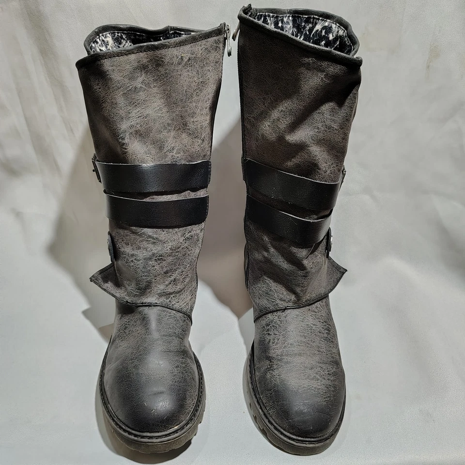 Blowfish Distressed Gray Mid Calf Boots Sz 8.5 Combat Zip Up Buckle Strap Shoes - Image 2 of 4
