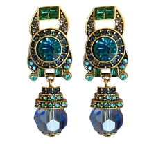Egyptian Revival Blue & Green Crystal Dangle Bead Pierced Earrings Gold Tone