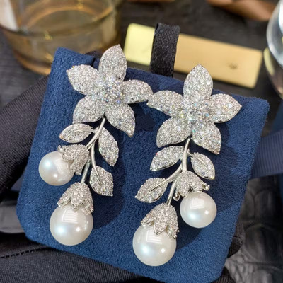 3.80Ct Round Cut Natural Pearl Flower Drop Dangle Earrings 14K White Gold Plated