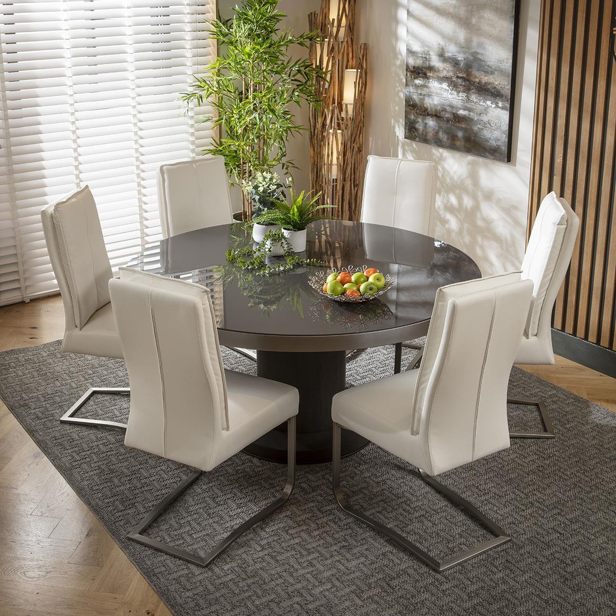 Seater Round Dining Set Gloss Glass Dining Table and Chairs White Grey