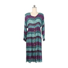 Vintage Maxi Shirt Dress L Teal Green Long Sleeve 90s Boho Stripe Grunge Purple