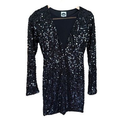 Y2K Deb Womens Black Sequin Dress deep V-neck Retro Whimsigoth Morquette Size S